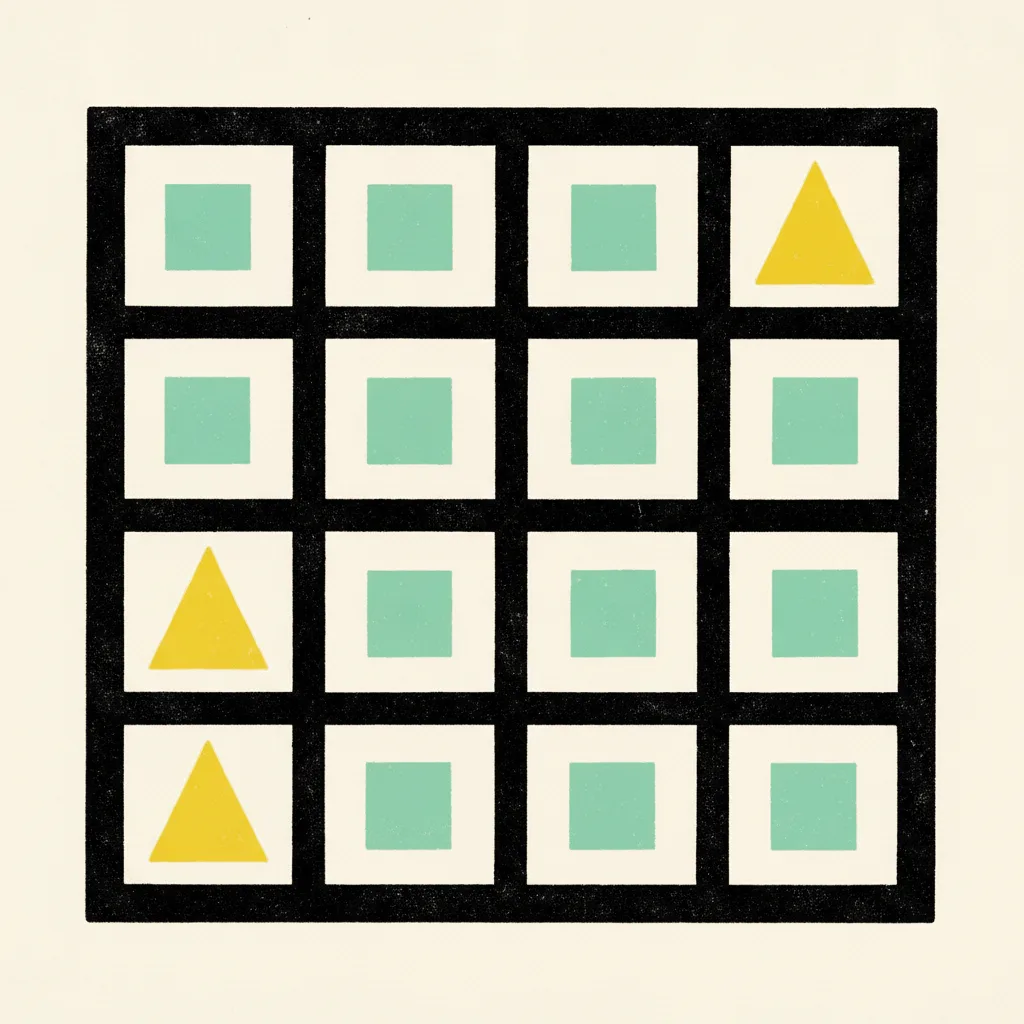 A twelve cell calendar grid, each cell carrying a small mint square and four cells also marked with a large yellow triangle
