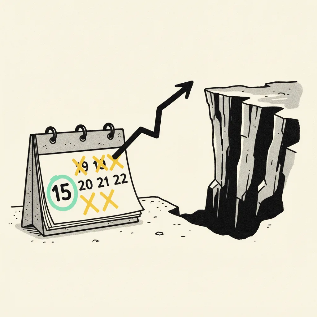 A desk calendar with one date circled in mint, four more crossed out with yellow Xs, and an ink arrow pointing to a cliff edge.
