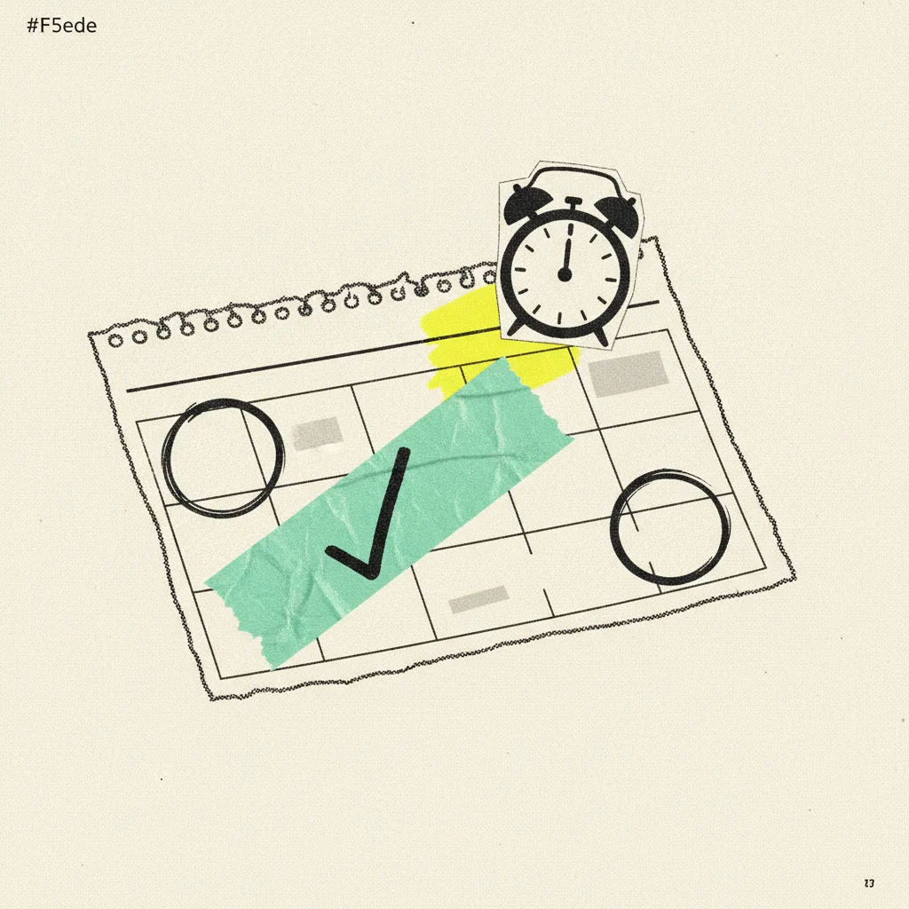 Paper calendar grid on cream with three days circled in ink, mint tape strip across one circled day, yellow blob behind a small paper alarm clock.