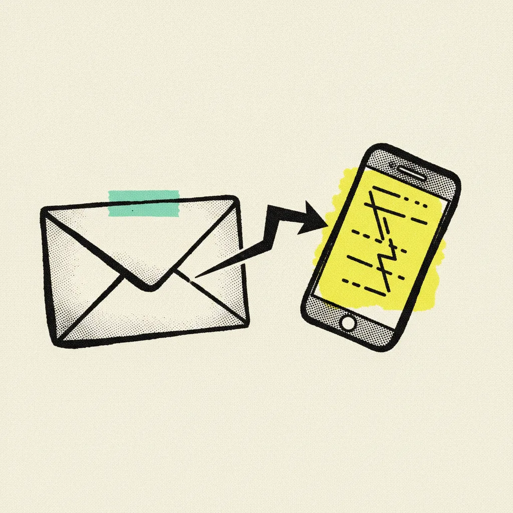 Paper email envelope with an ink arrow bouncing between it and a paper phone screen, mint tape across the envelope flap, yellow blob behind the phone.
