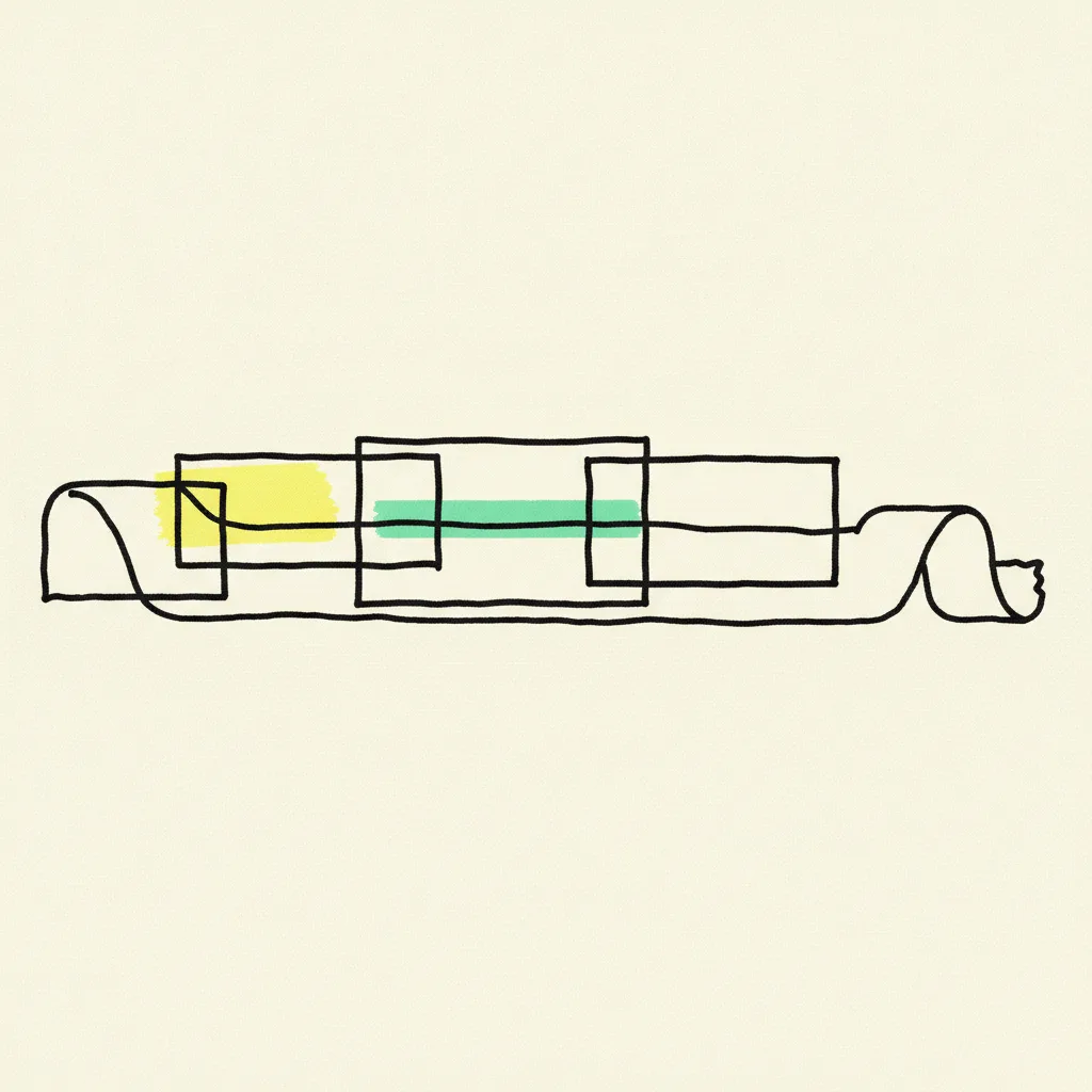 Three overlapping paper attribution windows of different widths stacked over a receipt tape.