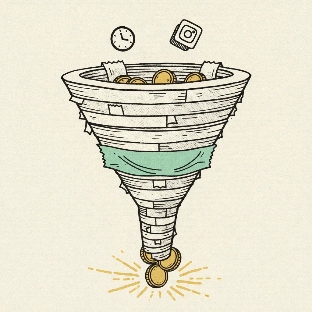 A paper funnel of stacked strips catching coin discs, with a clock icon and a Reel-shape card floating above.