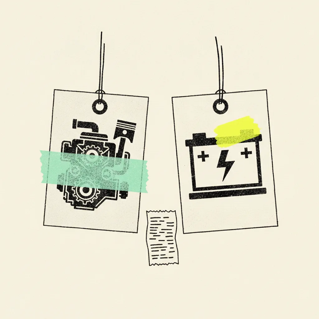 Two paper price tags side by side, left tag with a combustion engine mark wrapped in mint tape, right tag with an EV battery mark and yellow highlighter blob