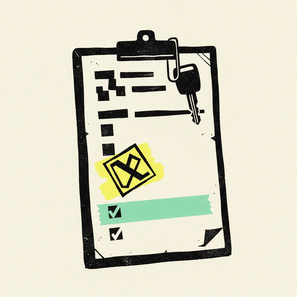 Paper test-drive clipboard on cream paper with a mint tape strip across a signature line, a yellow highlighter blob on an abstract safety disclaimer stamp, and a small ink car key clipped to the top