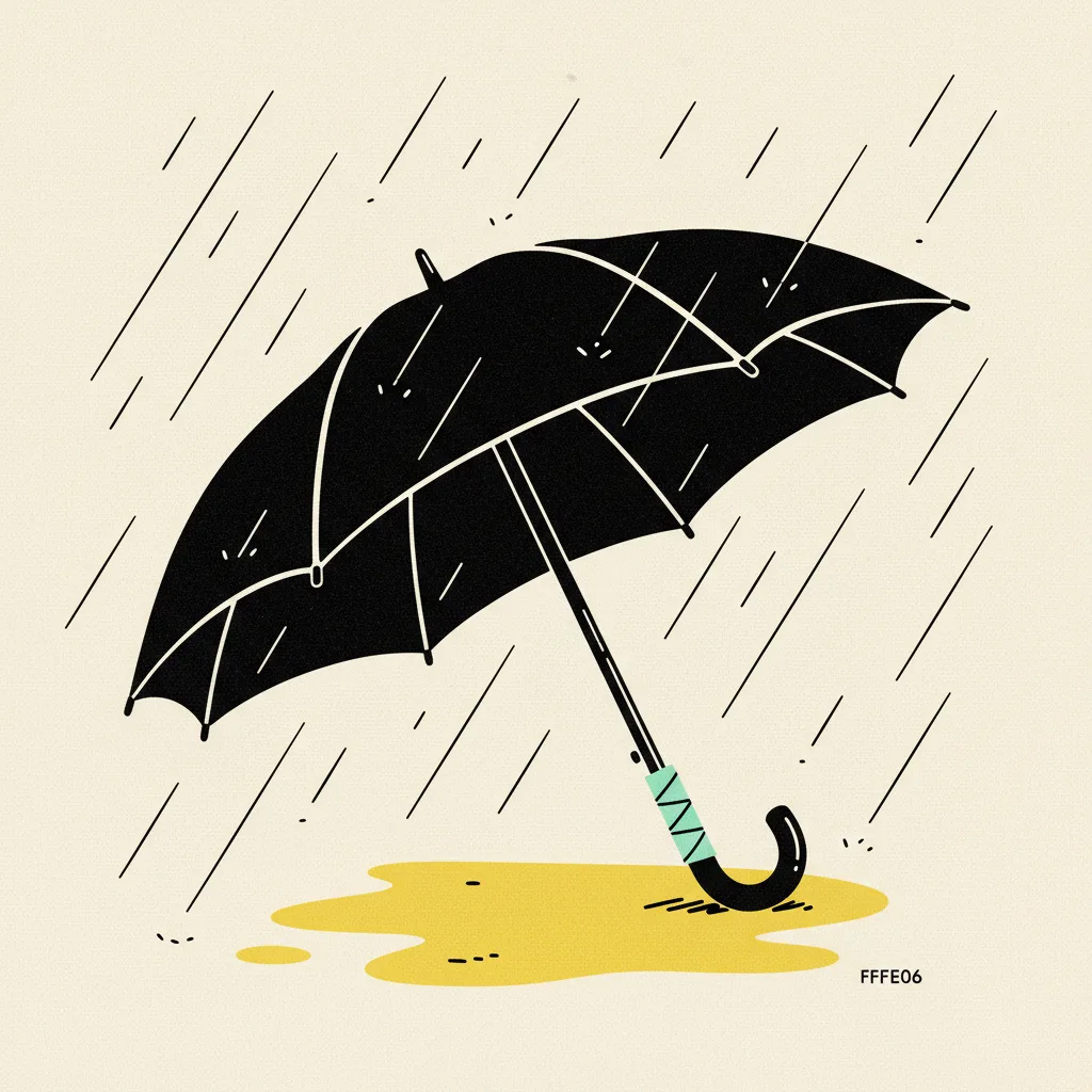 Heavy black umbrella tilted on cream paper with dashed ink rain and a mint tape strip around the handle