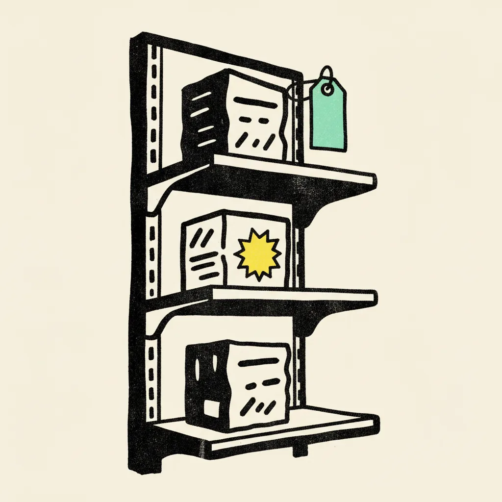 Tall retail shelf with three abstract product boxes, a mint price tag clipped on top, and a yellow starburst sticker on a middle box