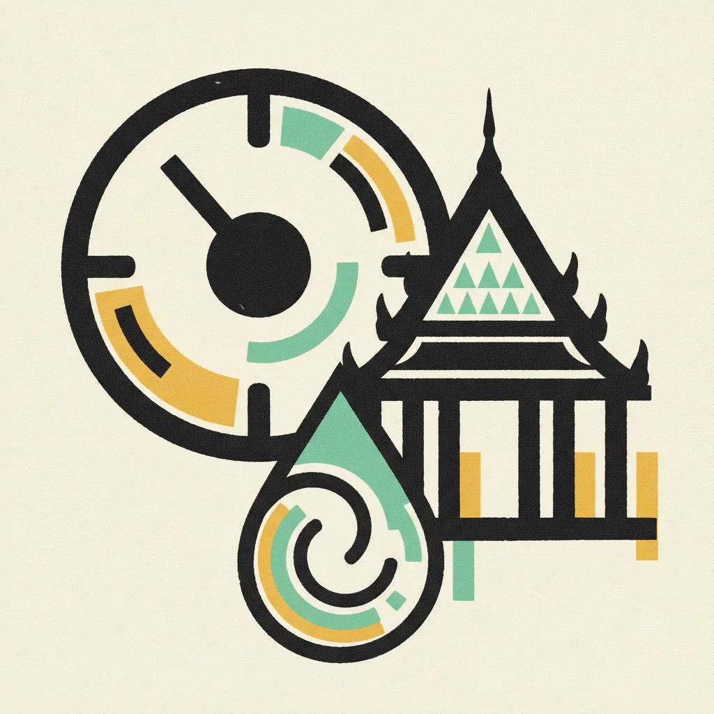 Brutalist illustration of a clock face next to a Thai temple roof silhouette and a water droplet, cream background with mint and yellow accents
