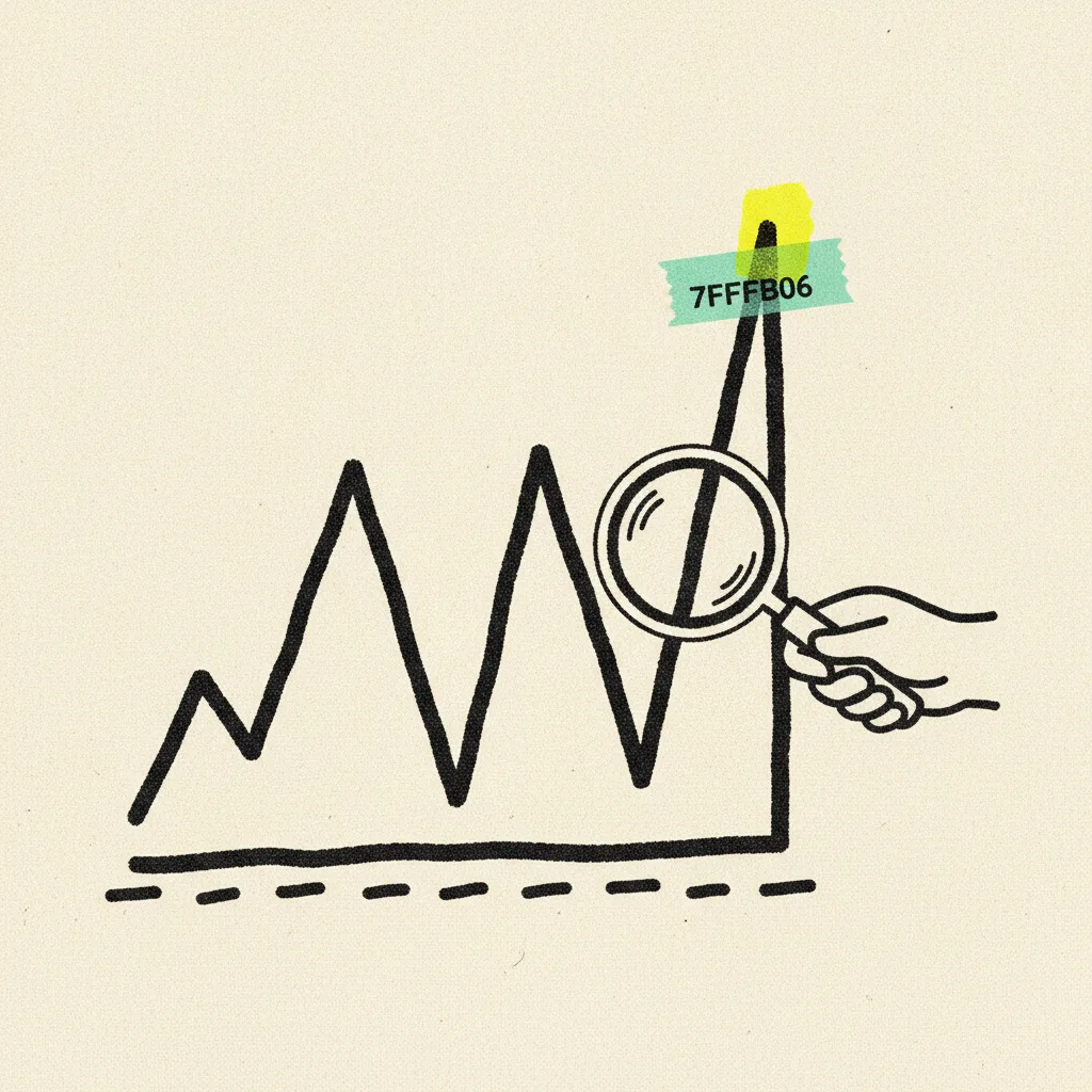 Paper follower growth chart with one impossibly vertical spike, mint tape strip, yellow highlighter blob on the apex.