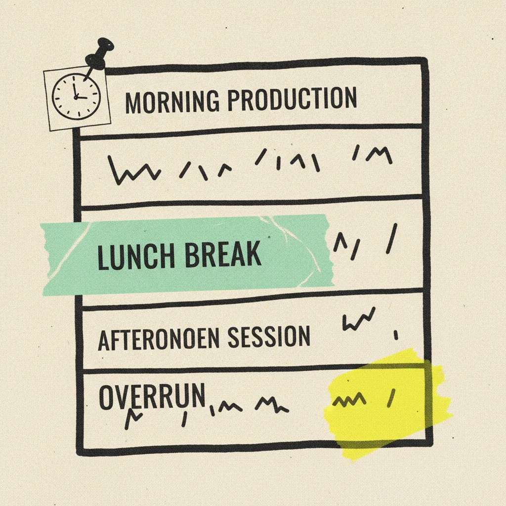 Paper daily production schedule broken into four time-slot blocks on cream paper with mint tape across the lunch block and a yellow highlight on the overrun block