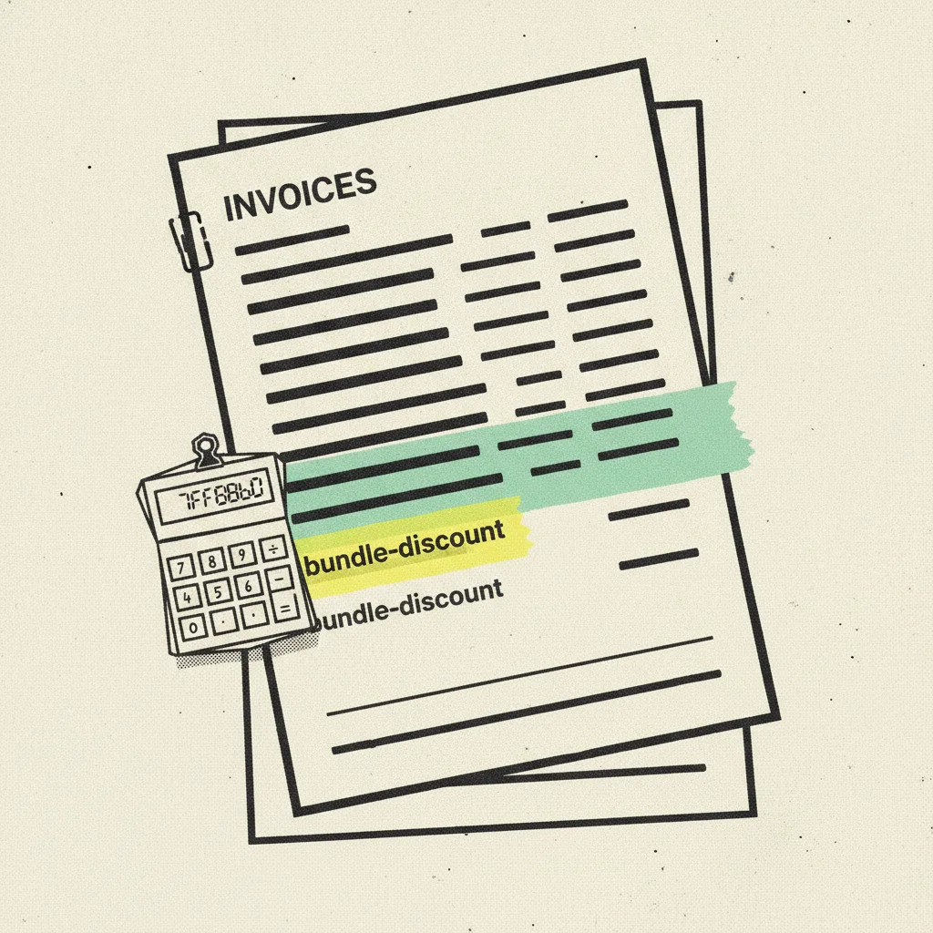 Stacked paper invoice with itemised line rows on cream paper, mint tape across the subtotal row and a yellow highlight on the bundle-discount line, small paper calculator clipped to the side
