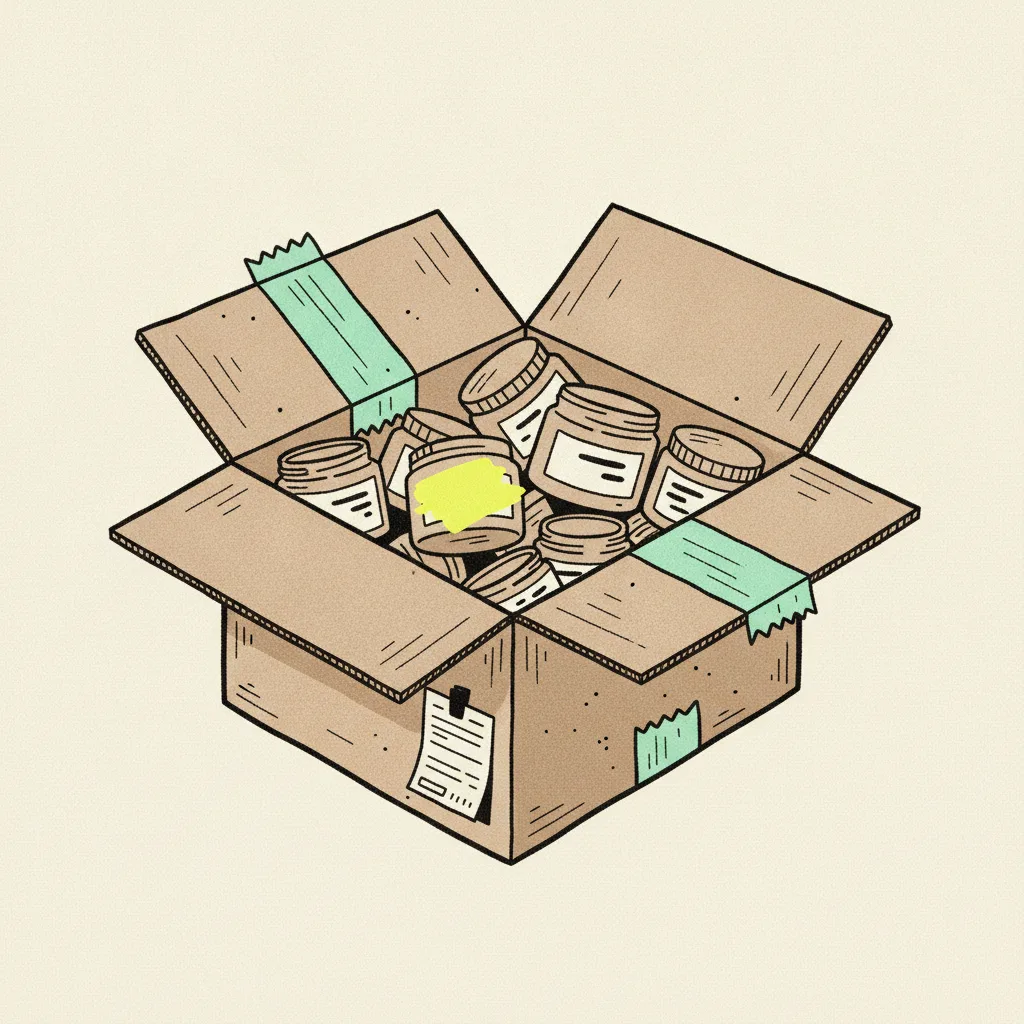 Brutalist editorial illustration of a paper PR mailer box with small paper jars and tubes spilling out, a mint tape strip sealing the box flap, a yellow highlighter blob on one jar label, and a small ink shipping label clipped to the side.