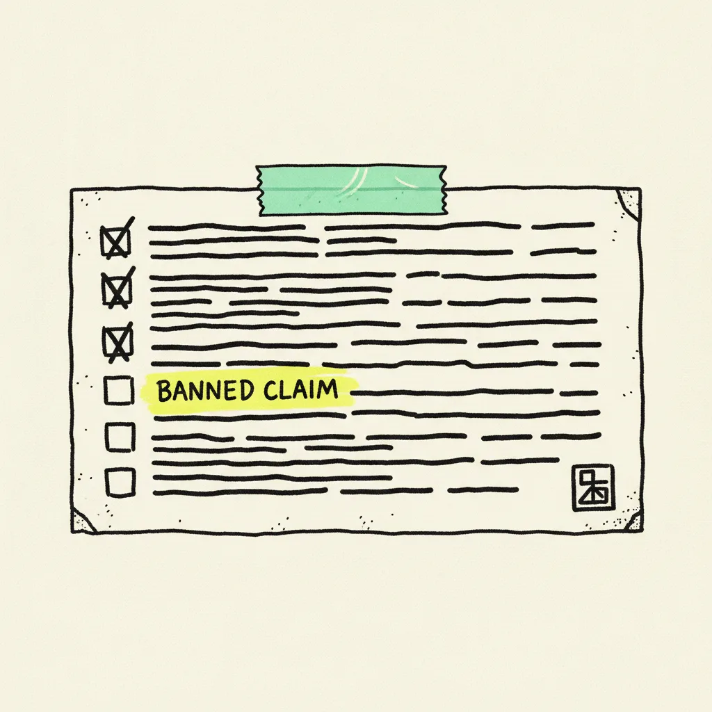 Brutalist editorial illustration of a paper ingredients label panel with abstract dash text rows and ink-drawn checkboxes, a mint tape strip across the top, a yellow highlighter blob across one banned-claim row, a small ink rubber stamp pressed in the corner.