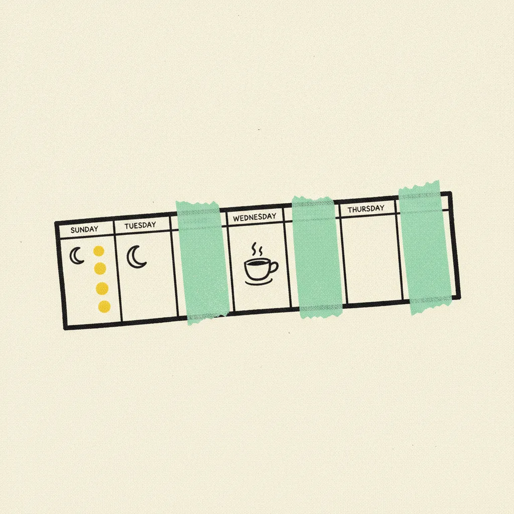 Seven-day paper calendar strip with mint tape covering Tuesday and Thursday and a small yellow marker on Sunday.