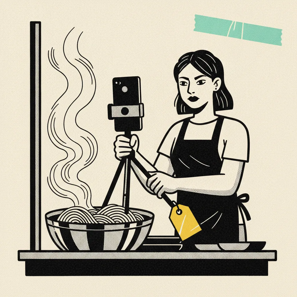 Thai creator filming a food stall at night with mint tape across the frame and a yellow price-tag shape on the tripod