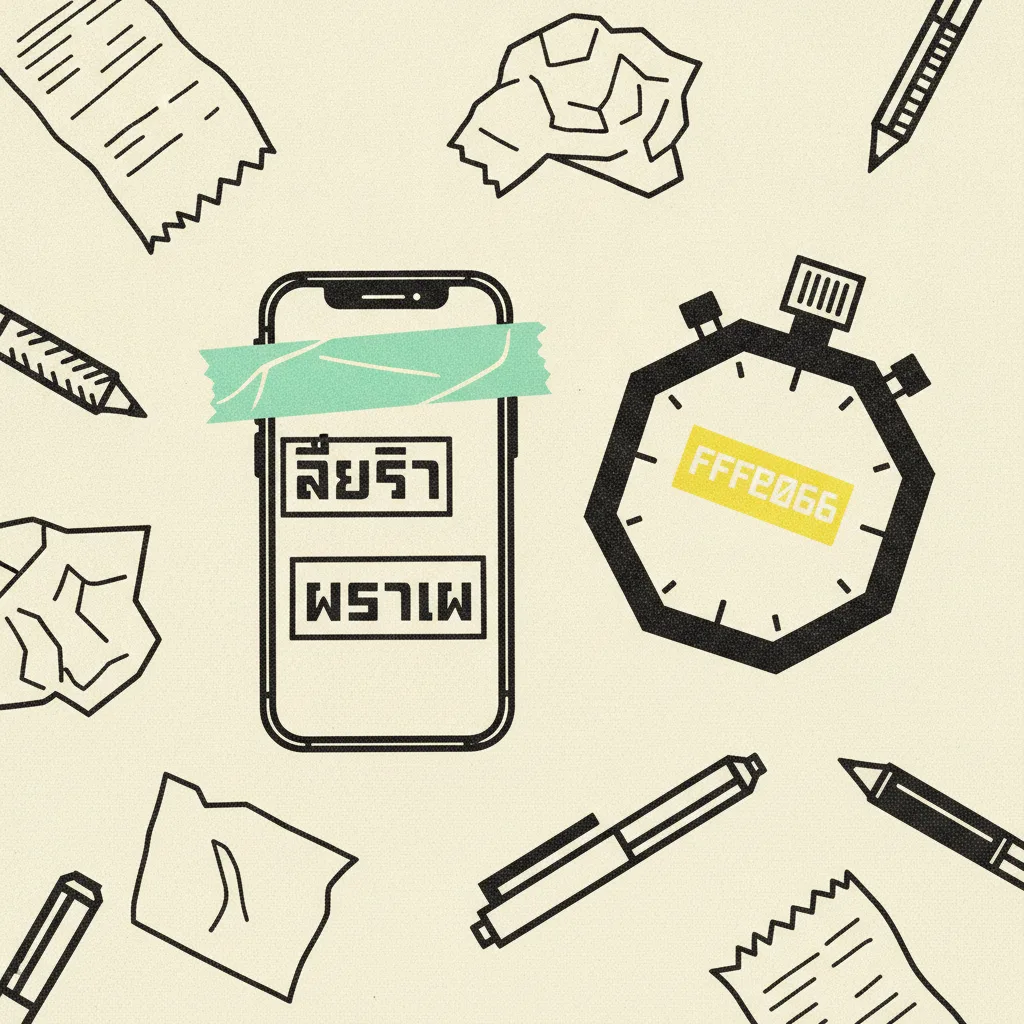 Overhead flat-lay of a creator's desk with two subtitle bars on a phone, a stopwatch highlighted in yellow, and a receipt