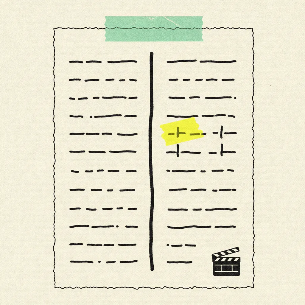 A paper script page with two parallel columns of dash marks separated by a thick ink line and a clapperboard in the corner