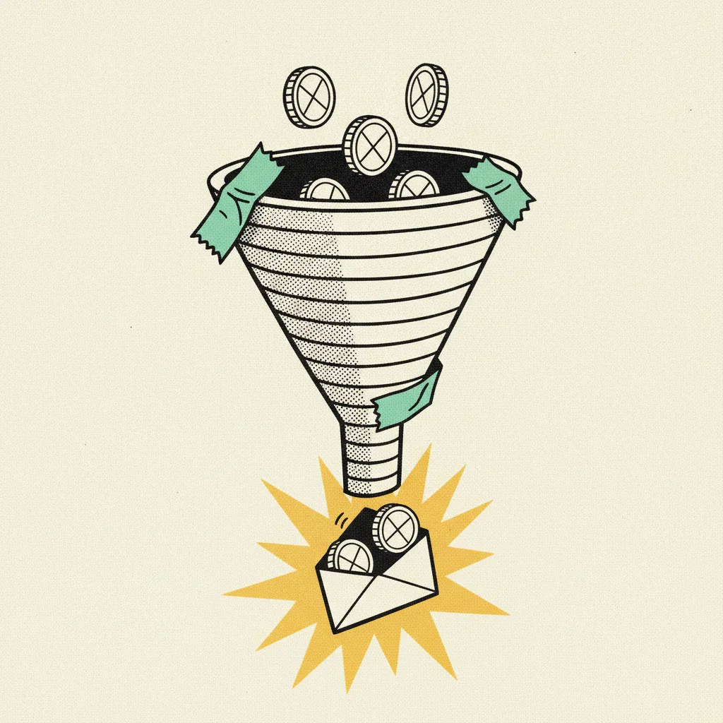 Paper funnel with coins pouring in the top and a small envelope catching output at the bottom.