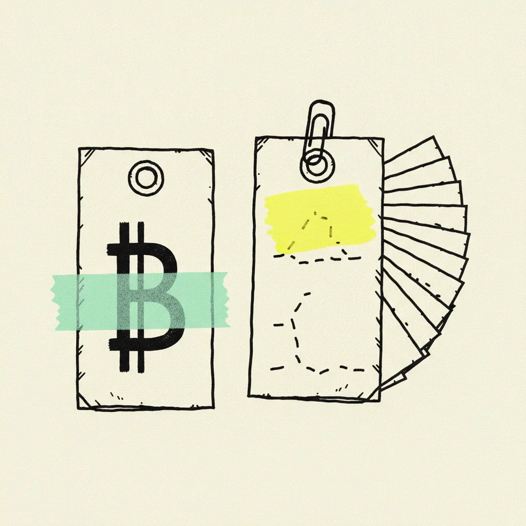 Brutalist editorial illustration of two paper price tags, one stamped with a THB symbol wrapped in mint tape, the other a fan of twelve smaller tags marked with a yellow blob, abstract dash marks for numbers, paper paperclip joining them