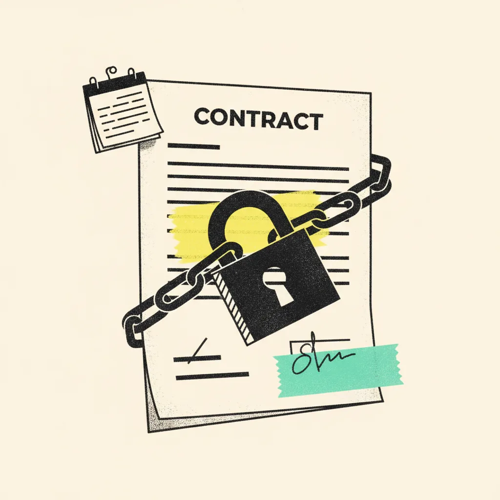 Brutalist editorial illustration of a paper contract with a thick black ink padlock chained across one clause, mint tape strip across the signature block, yellow highlighter blob across a category exclusivity clause, small paper calendar page clipped to the corner with abstract dash marks