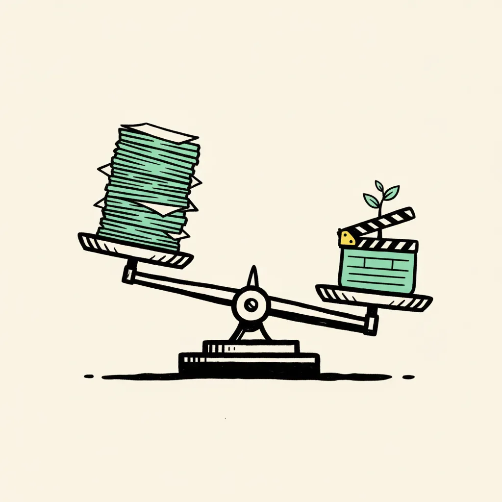 A balance scale tipping heavily toward a thick stack of invoices against a tiny new-shoot clapperboard, representing total campaign cost comparison.