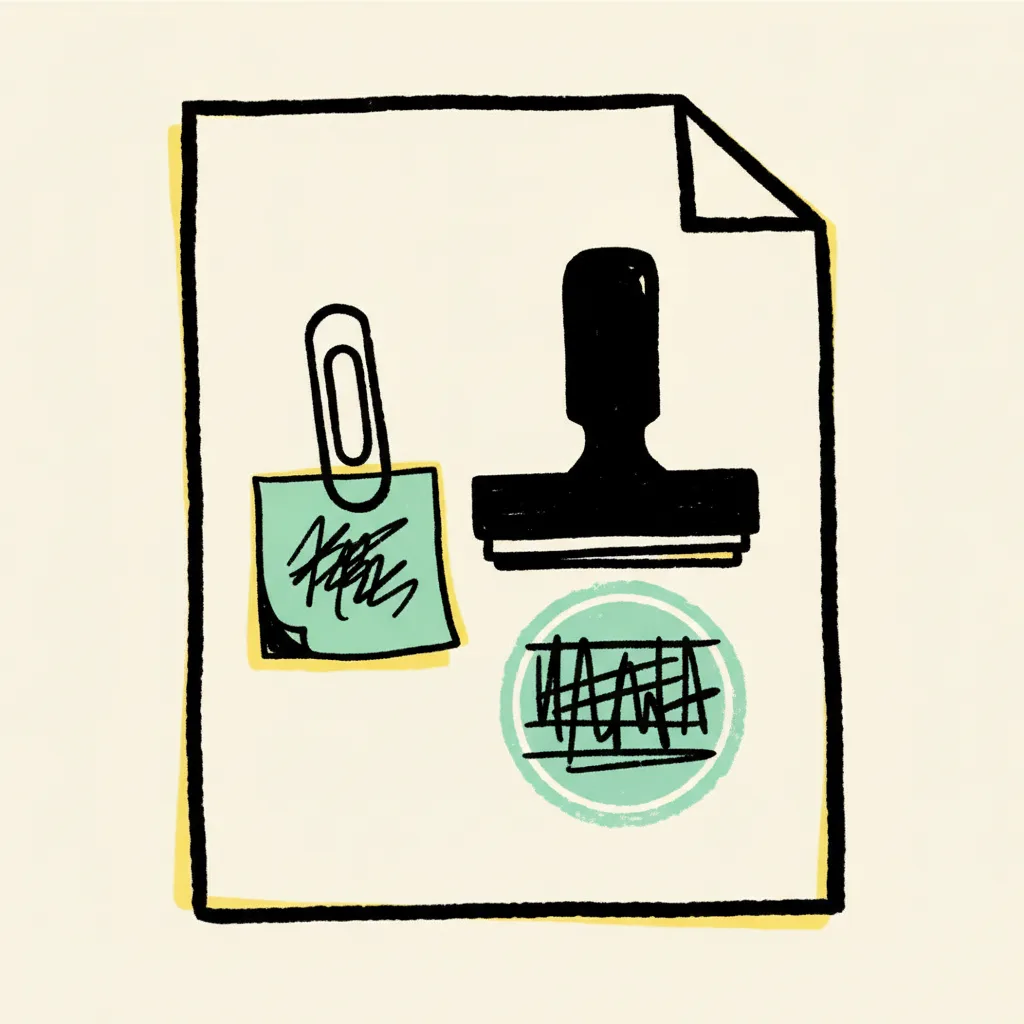 Brutalist illustration of an oversized brief document with folded corners, a rubber stamp, a paperclip, and a sticky note.
