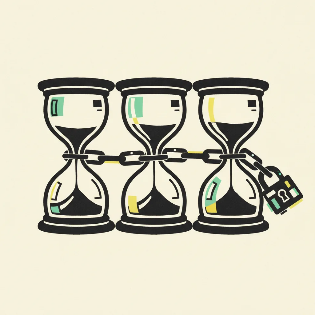 Brutalist illustration of three chunky hourglasses at different drain levels, chained together with a padlock at the end.
