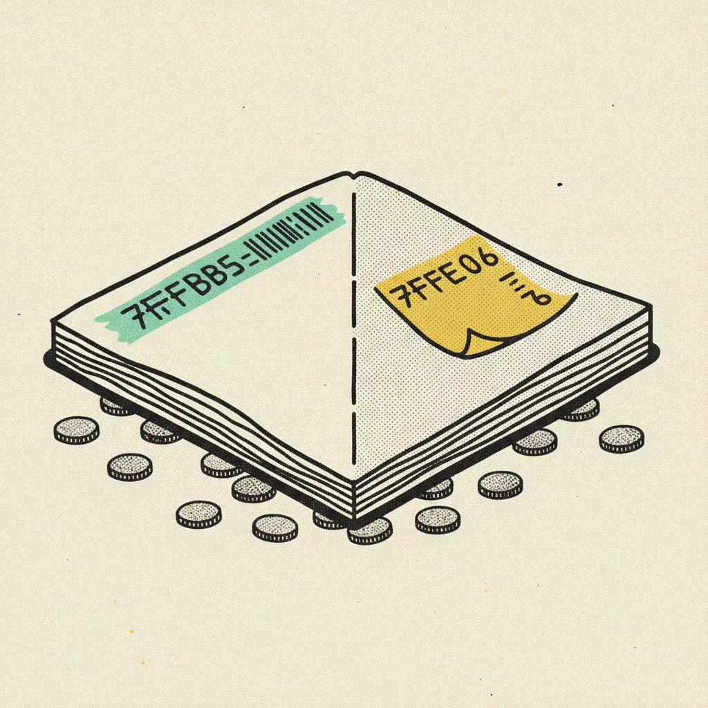 Split ledger book with mint and yellow markers and scattered coins, brutalist editorial illustration.