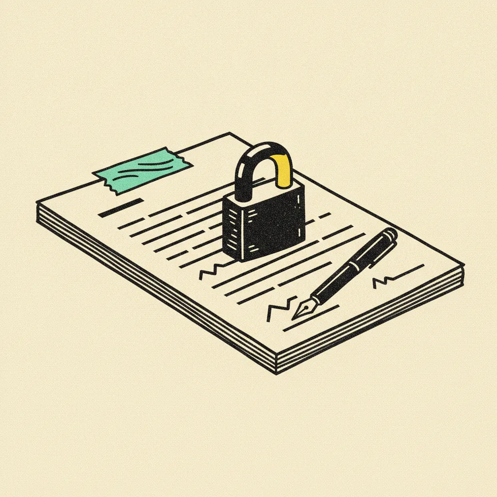 Small padlock resting on a signed contract with a fountain pen across it, brutalist editorial illustration.
