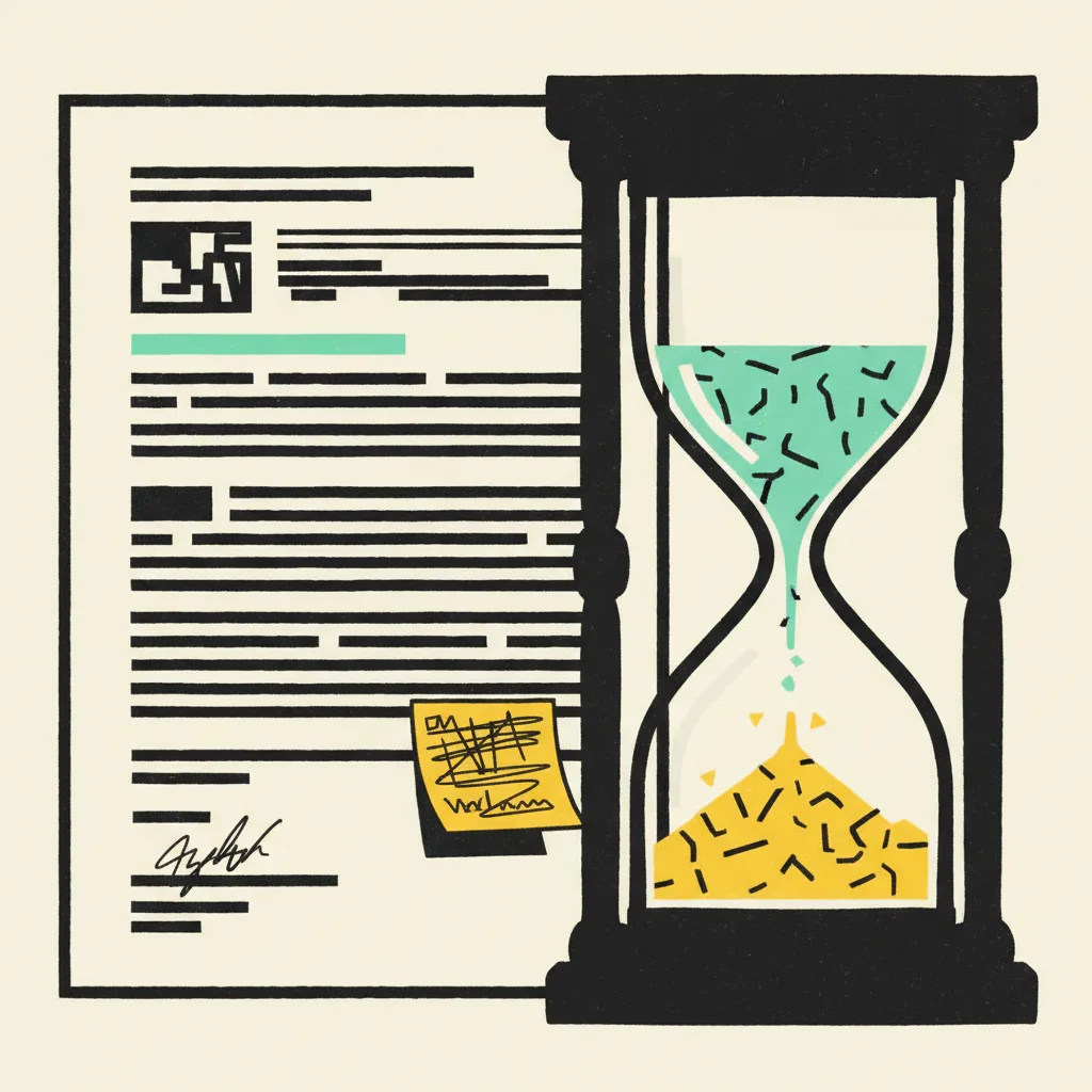 Signed contract page with a mint highlighted clause and a yellow sticky tab beside a black ink hourglass with mint and yellow sand.