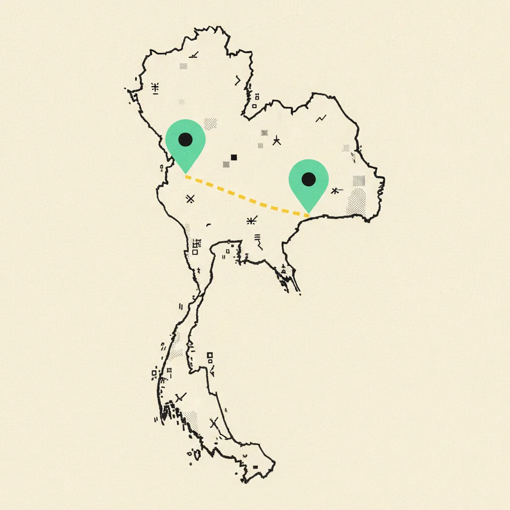 Stylised map of Thailand on cream paper with two mint circle markers pinned on the north and centre and a yellow dashed line between them.