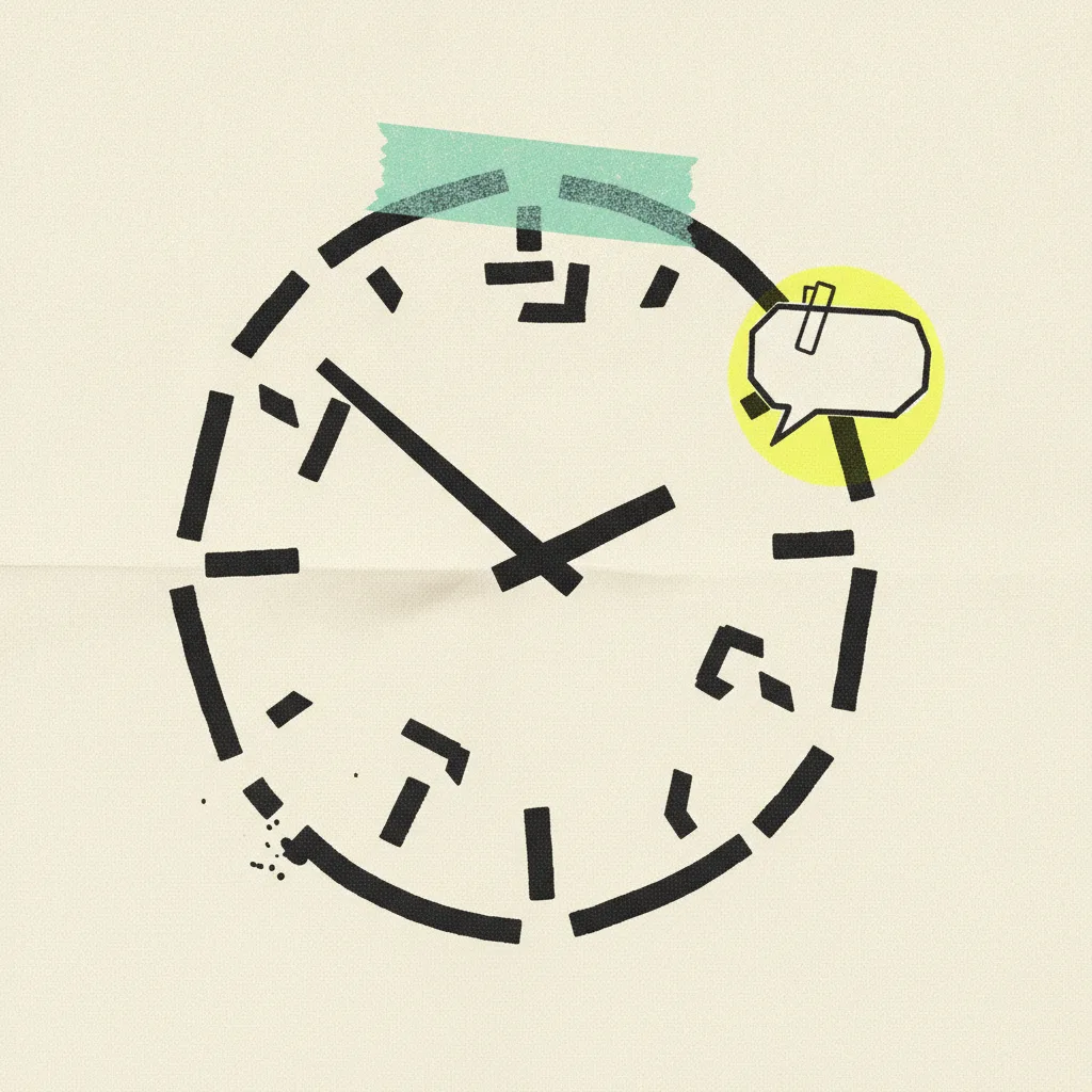 Paper clock face with mint tape at the twelve and a yellow blob behind a comment-bubble shape clipped to the rim.