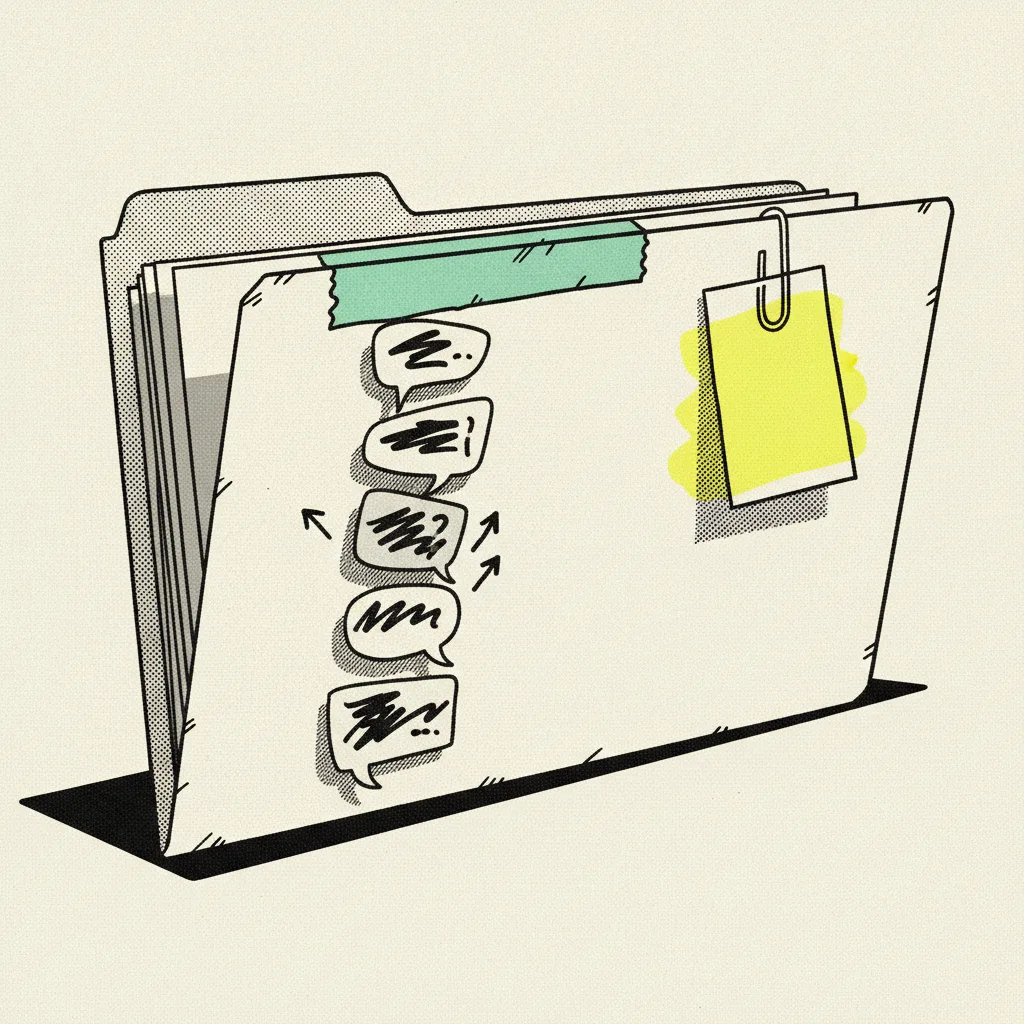 Paper folder splayed open with a stack of comment-bubble shapes, mint tape on the spine and a yellow blob on a price tag.