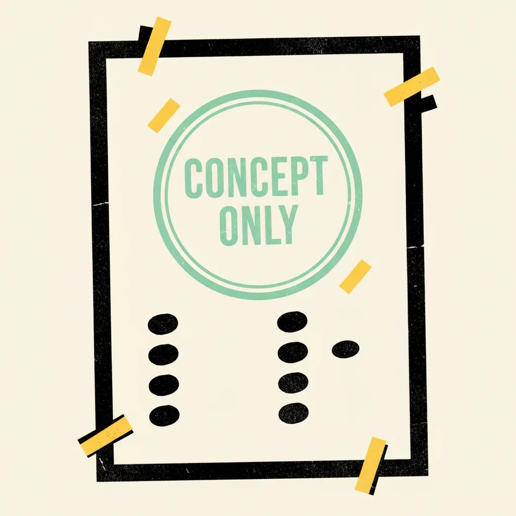 A single-page concept brief stamped with a mint 'CONCEPT ONLY' rubber stamp, brutalist woodcut style on cream background.