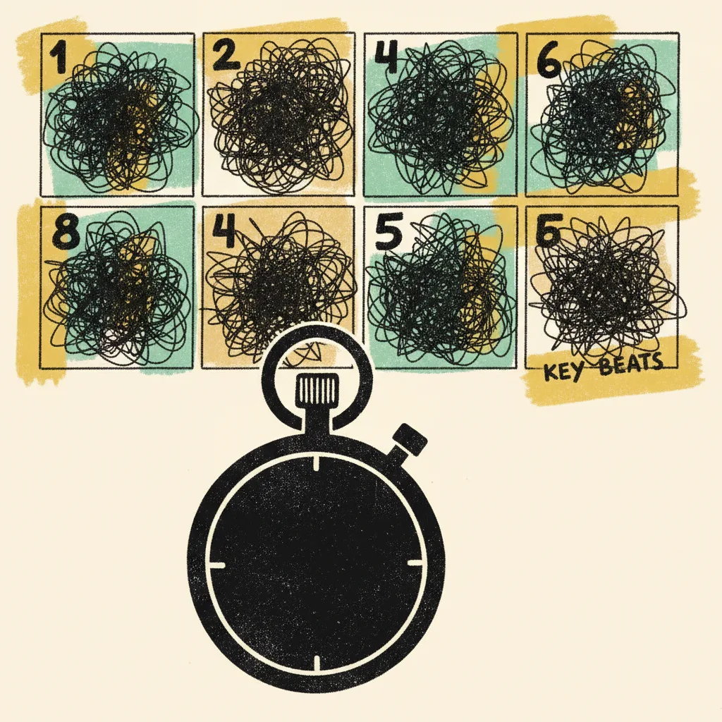 Six-frame storyboard grid with dense scribble marks and yellow highlight blocks, brutalist woodcut style on cream background.