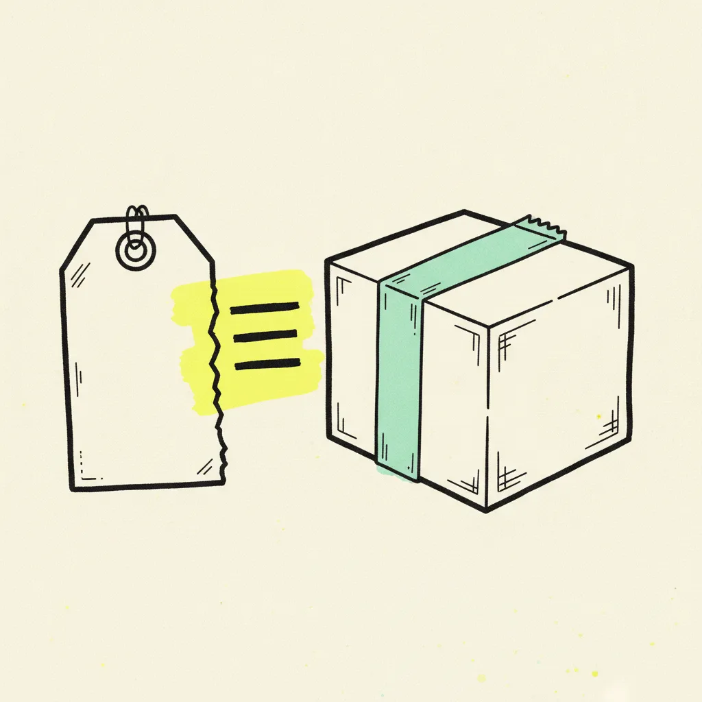 Two paper hands exchanging a wrapped parcel and a paper film reel, invoice card behind, mint tape and yellow accents