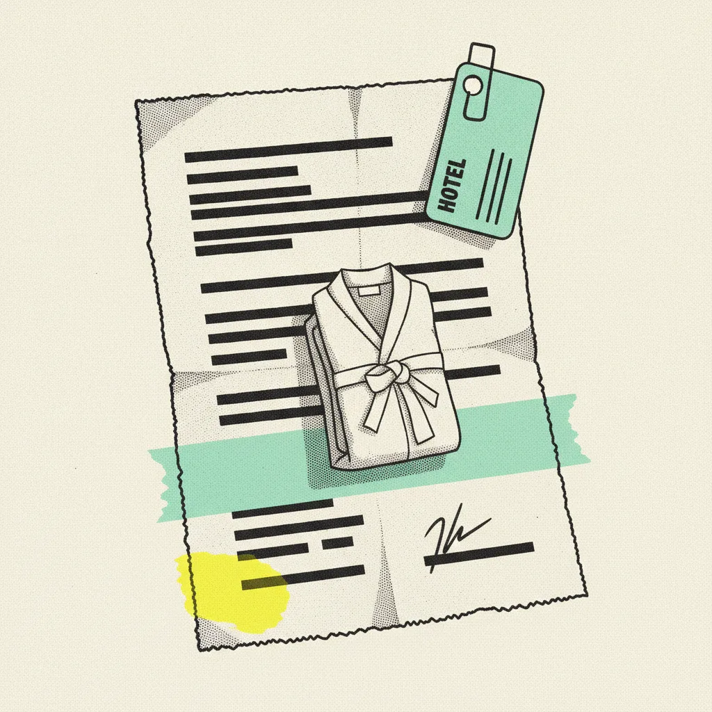 Paper contract with a folded spa robe and a hotel keycard clipped to the corner, mint tape across the signature line