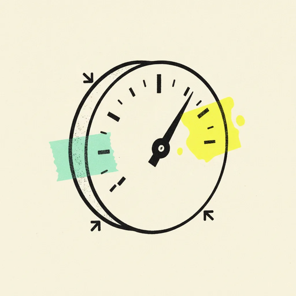A paper dial gauge with a needle pointing between two extremes, one side wrapped in mint tape, the other side highlighted yellow