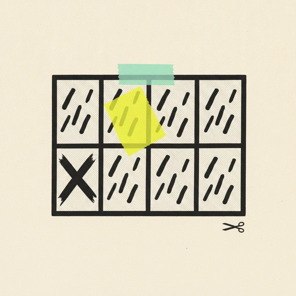 A paper storyboard panel grid with abstract dash marks inside each panel, one panel struck out with a thick ink cross, mint tape across the top edge, yellow highlight on a single panel