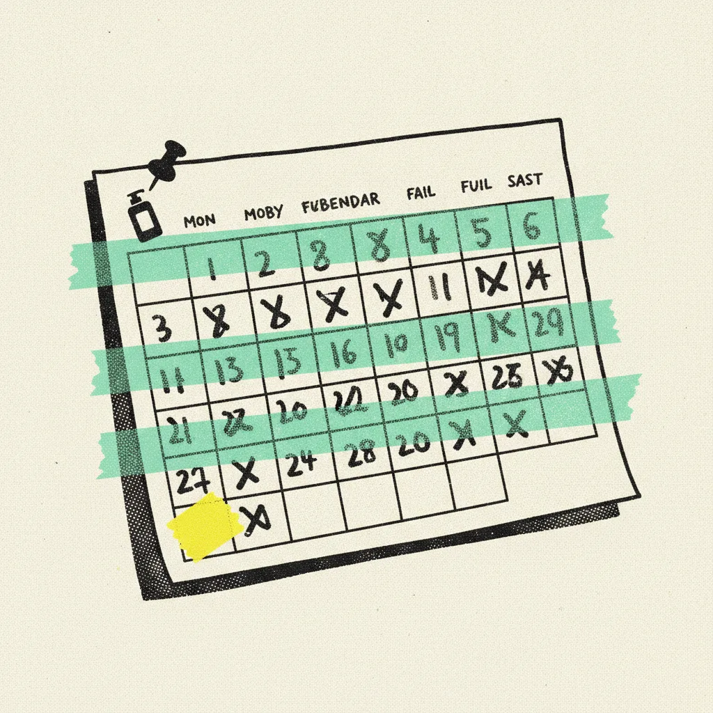 Paper calendar with months blocked out by mint tape, one square highlighted yellow, a small shampoo bottle silhouette pinned in the corner