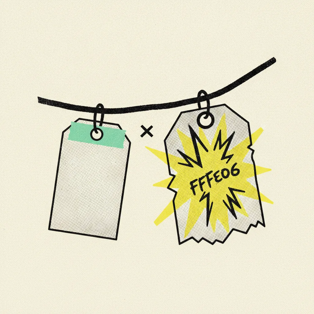 Two paper price tags hanging from black ink string, one small with mint tape and one large and torn with a yellow burst, a multiplier symbol between them