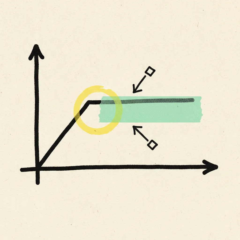 Hand-drawn line chart on cream paper showing a rising black ink line that flattens into a plateau, with a mint tape strip across the flat section and a yellow marker circle at the inflection point.