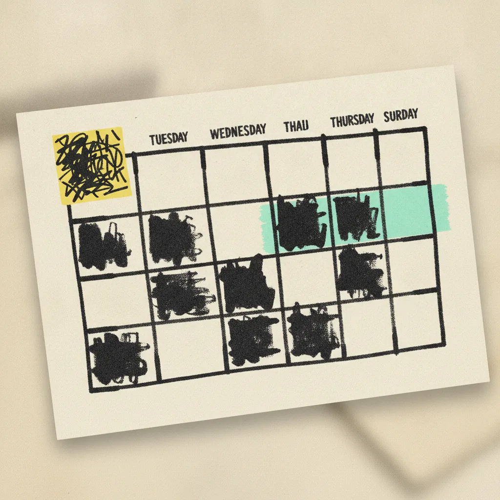 Hand-drawn weekly calendar grid in thick black ink with clustered filled cells on Tuesday Wednesday and Thursday and a mint highlighter block across Thursday.