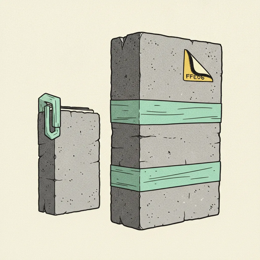 Two brutalist paper contract folders, one thin with a mint paperclip, one thick wrapped in mint tape and a yellow sticker corner.