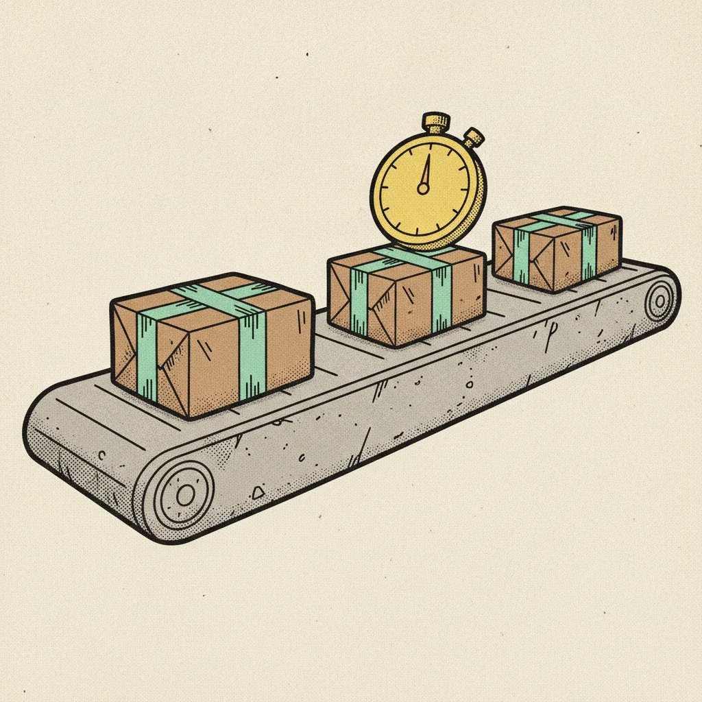 Brutalist paper conveyor belt carrying three identical wrapped parcels with mint tape bands, a yellow stopwatch above.