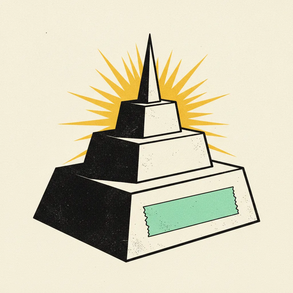 Brutalist paper pyramid with three horizontal tiers, mint tape strip on the wide base, yellow burst behind the narrow top tier.