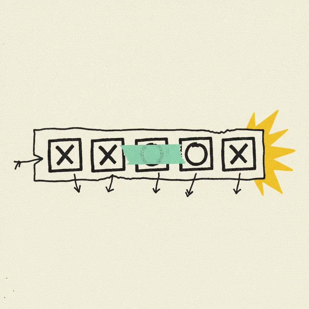 Brutalist paper calendar strip with five marked dates in a row, mint tape on the middle date, yellow burst behind the last, thin ink arrows connecting left to right.