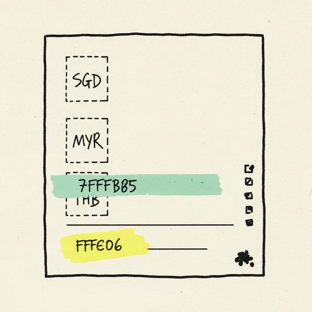 Three currency tag stubs on a paper invoice connected by ink marks