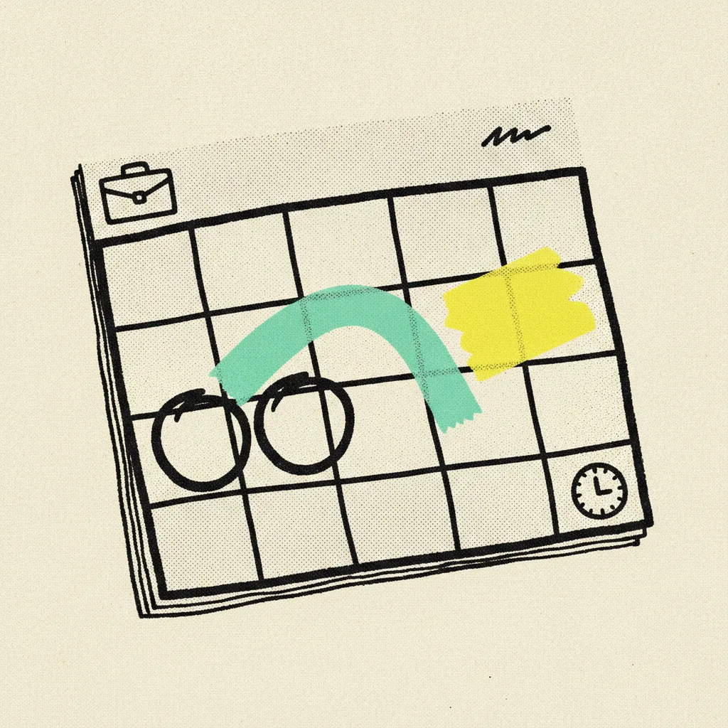 Paper calendar grid with two date blocks circled and connected by a curved tape arc