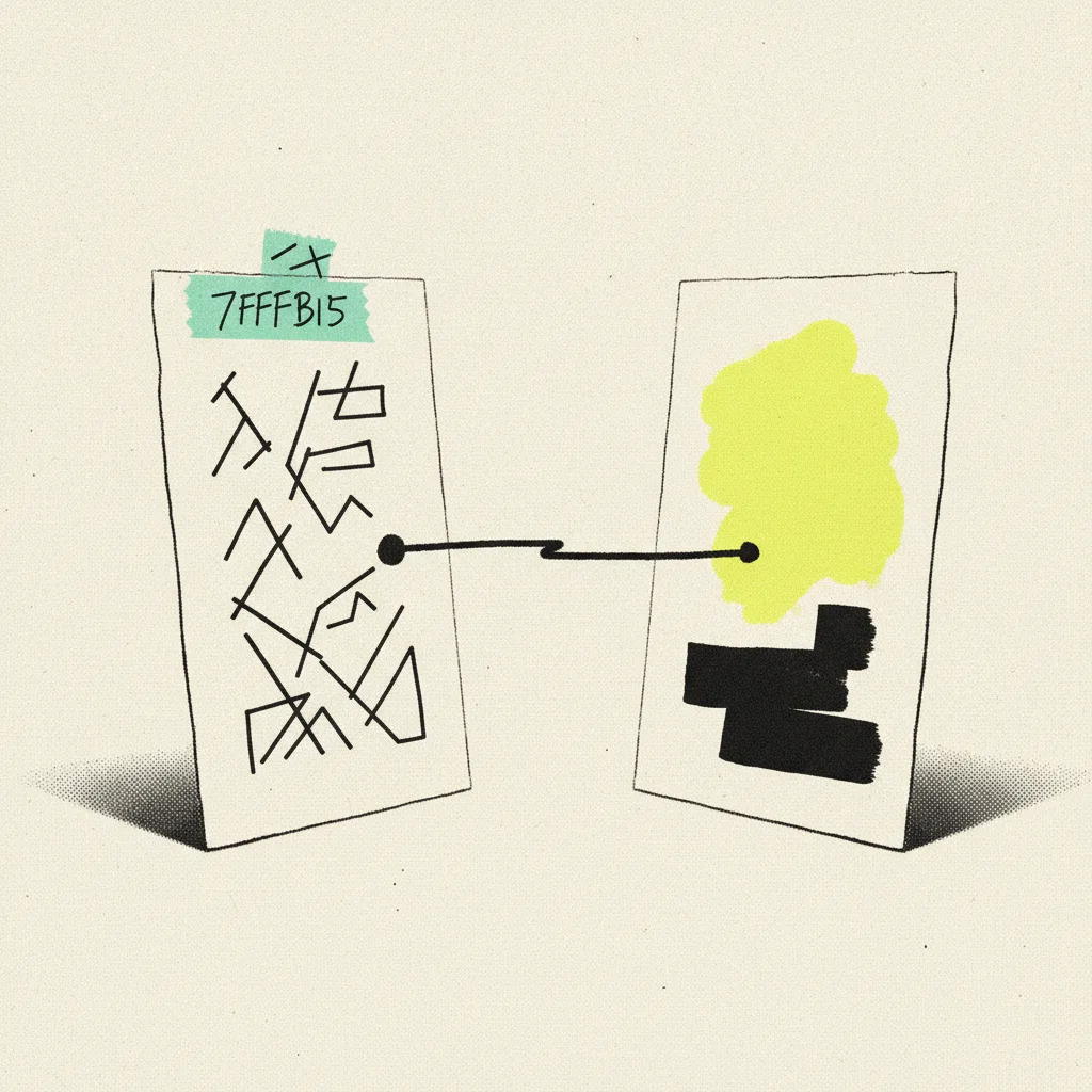 Two paper phone screens side by side, one marked with mint tape and abstract dashes, the other with a yellow highlighter, thin black ink line connecting them.