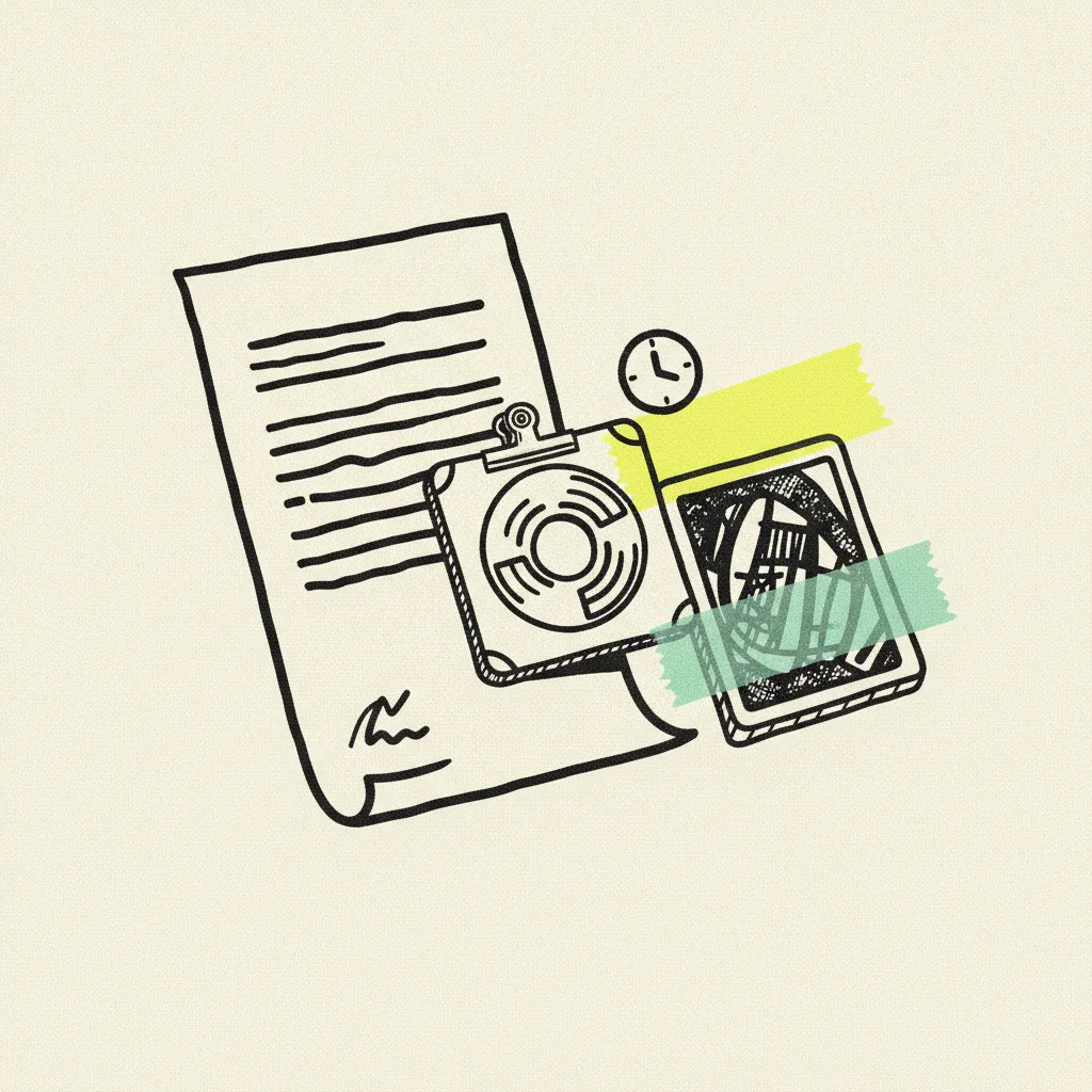 Paper contract clipped to a small Reel card with a rubber stamp shape beside it, mint tape across the stamp and a yellow highlighter behind a clock icon.